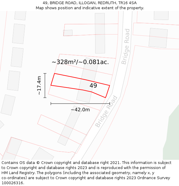 49, BRIDGE ROAD, ILLOGAN, REDRUTH, TR16 4SA: Plot and title map