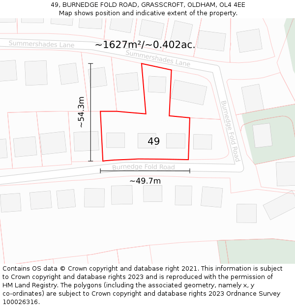 49, BURNEDGE FOLD ROAD, GRASSCROFT, OLDHAM, OL4 4EE: Plot and title map