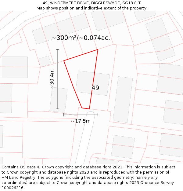 49, WINDERMERE DRIVE, BIGGLESWADE, SG18 8LT: Plot and title map