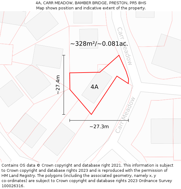 4A, CARR MEADOW, BAMBER BRIDGE, PRESTON, PR5 8HS: Plot and title map