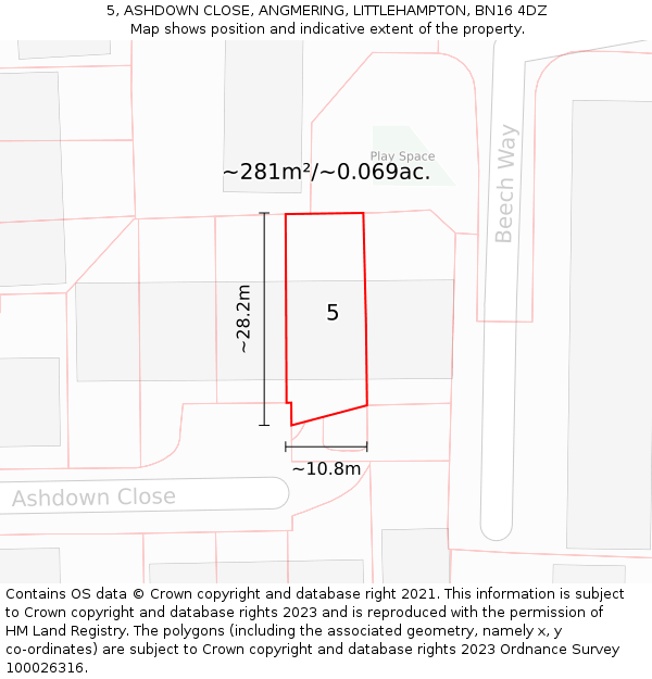 5, ASHDOWN CLOSE, ANGMERING, LITTLEHAMPTON, BN16 4DZ: Plot and title map