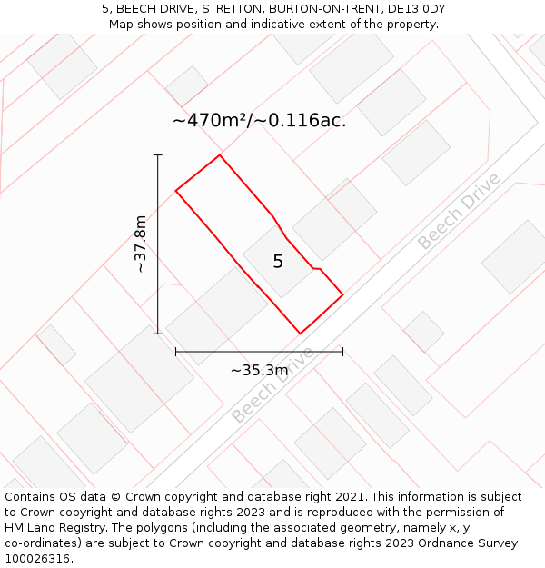 5, BEECH DRIVE, STRETTON, BURTON-ON-TRENT, DE13 0DY: Plot and title map