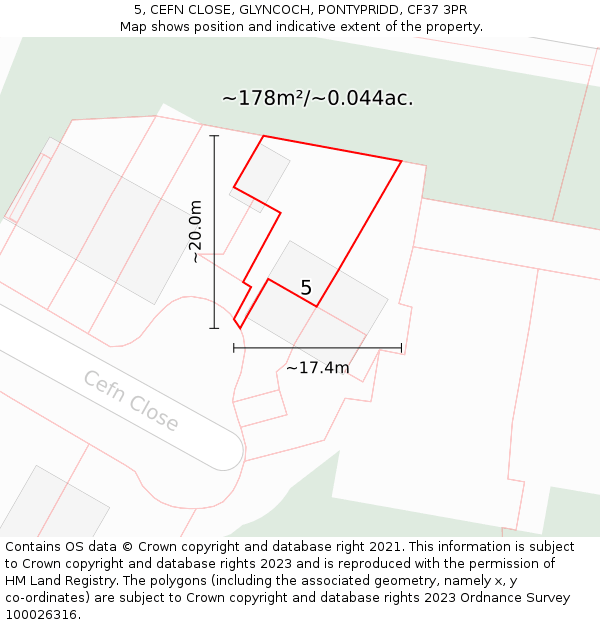 5, CEFN CLOSE, GLYNCOCH, PONTYPRIDD, CF37 3PR: Plot and title map