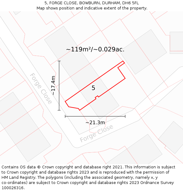 5, FORGE CLOSE, BOWBURN, DURHAM, DH6 5FL: Plot and title map