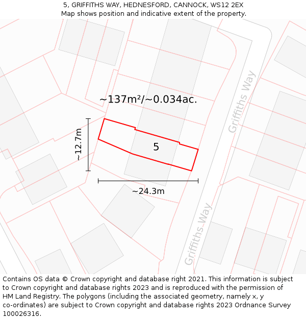 5, GRIFFITHS WAY, HEDNESFORD, CANNOCK, WS12 2EX: Plot and title map