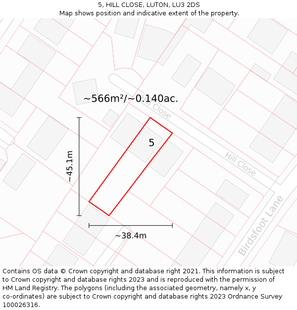 5, HILL CLOSE, LUTON, LU3 2DS: Plot and title map