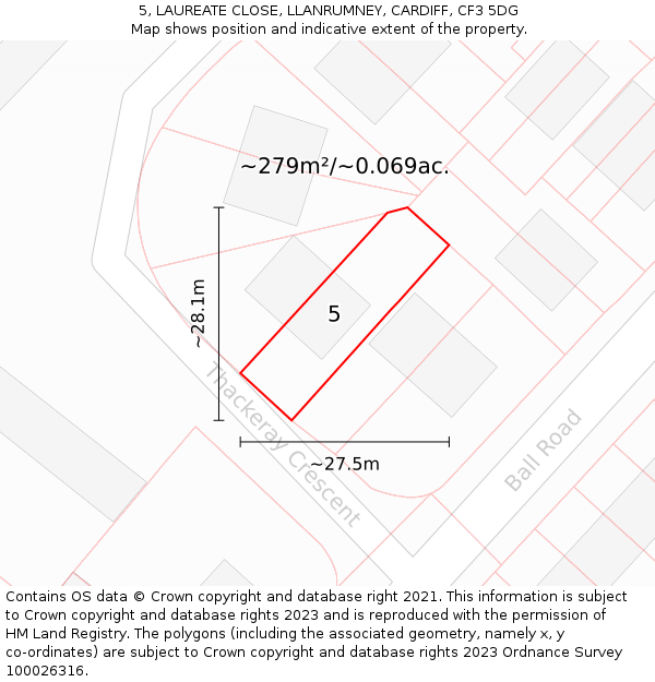 5, LAUREATE CLOSE, LLANRUMNEY, CARDIFF, CF3 5DG: Plot and title map