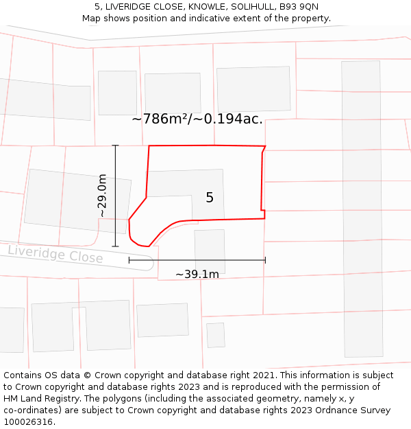 5, LIVERIDGE CLOSE, KNOWLE, SOLIHULL, B93 9QN: Plot and title map
