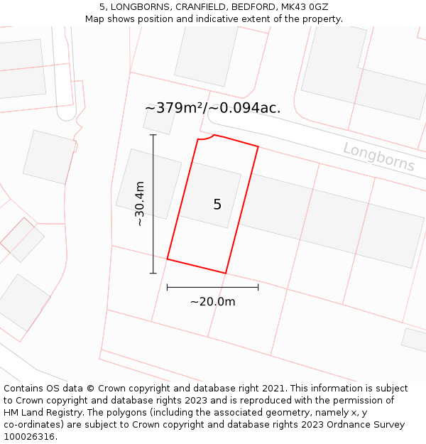 5, LONGBORNS, CRANFIELD, BEDFORD, MK43 0GZ: Plot and title map