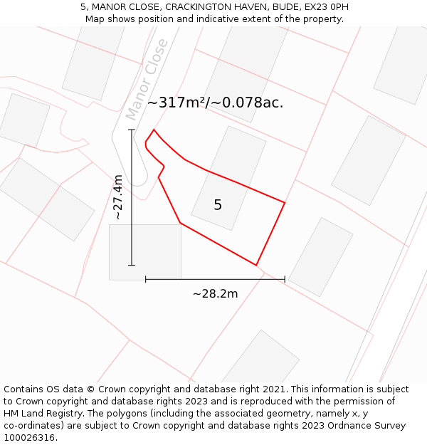 5, MANOR CLOSE, CRACKINGTON HAVEN, BUDE, EX23 0PH: Plot and title map