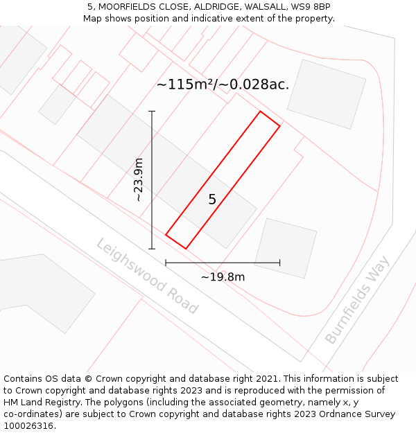 5, MOORFIELDS CLOSE, ALDRIDGE, WALSALL, WS9 8BP: Plot and title map