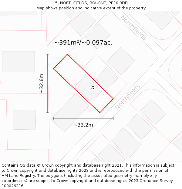 5, NORTHFIELDS, BOURNE, PE10 9DB: Plot and title map