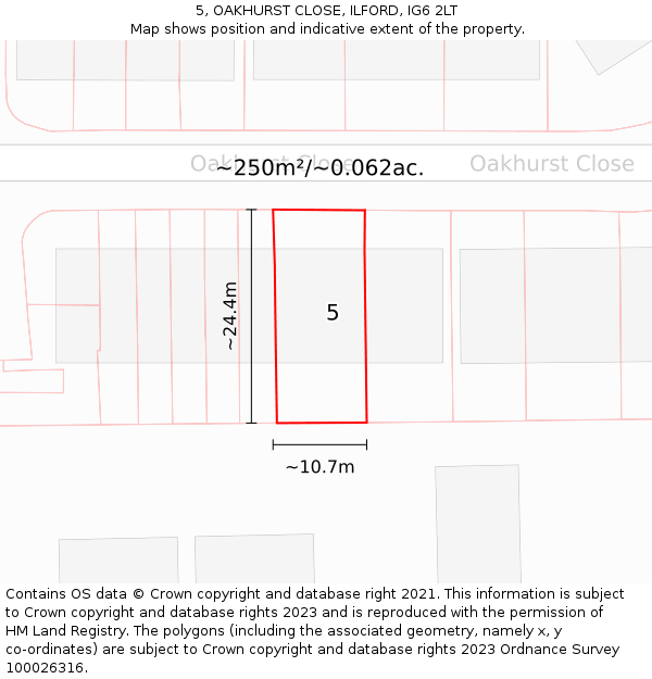 5, OAKHURST CLOSE, ILFORD, IG6 2LT: Plot and title map