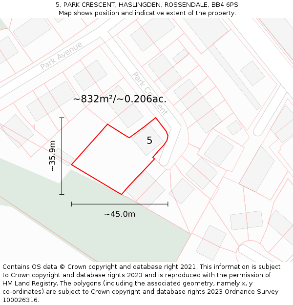 5, PARK CRESCENT, HASLINGDEN, ROSSENDALE, BB4 6PS: Plot and title map