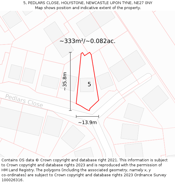 5, PEDLARS CLOSE, HOLYSTONE, NEWCASTLE UPON TYNE, NE27 0NY: Plot and title map