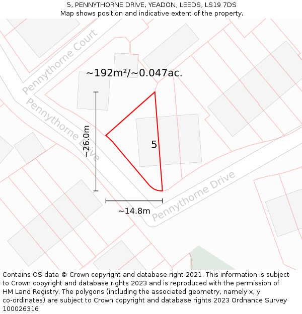 5, PENNYTHORNE DRIVE, YEADON, LEEDS, LS19 7DS: Plot and title map