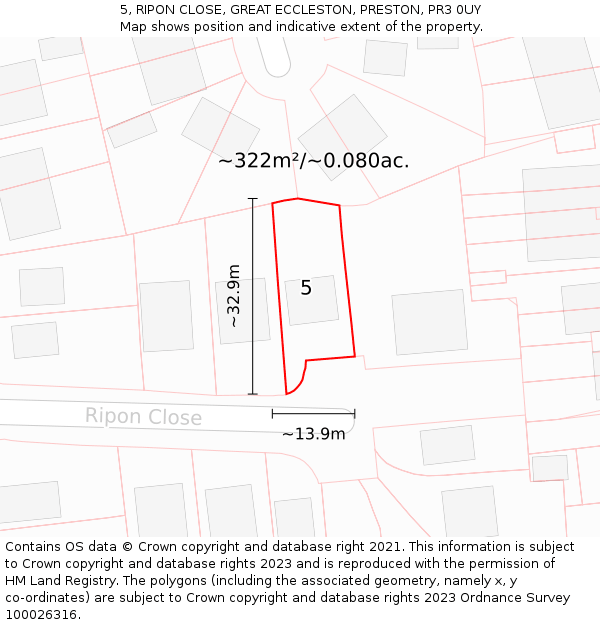 5, RIPON CLOSE, GREAT ECCLESTON, PRESTON, PR3 0UY: Plot and title map