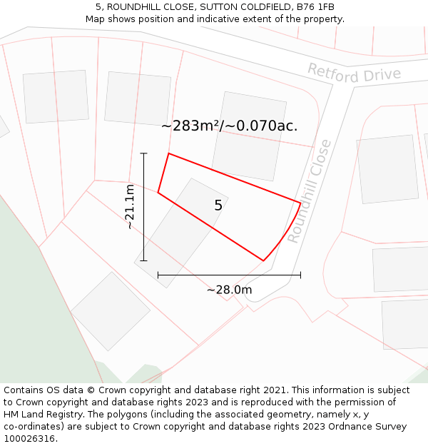 5, ROUNDHILL CLOSE, SUTTON COLDFIELD, B76 1FB: Plot and title map