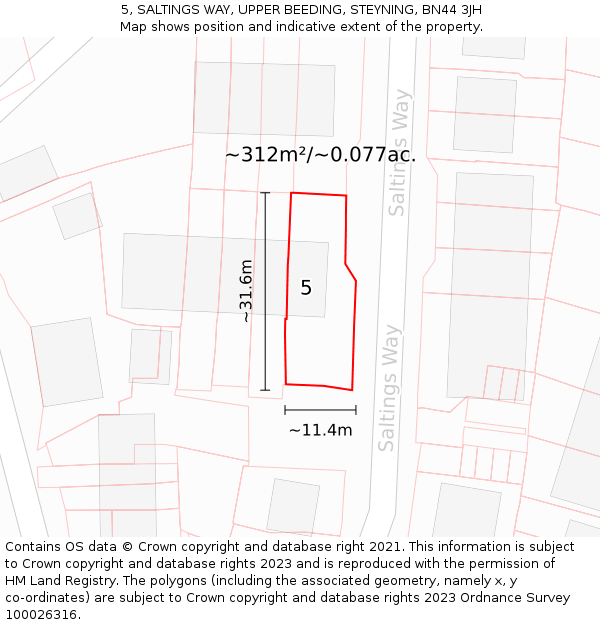5, SALTINGS WAY, UPPER BEEDING, STEYNING, BN44 3JH: Plot and title map