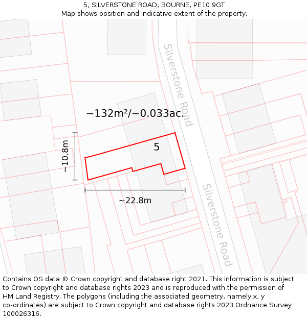 5, SILVERSTONE ROAD, BOURNE, PE10 9GT: Plot and title map