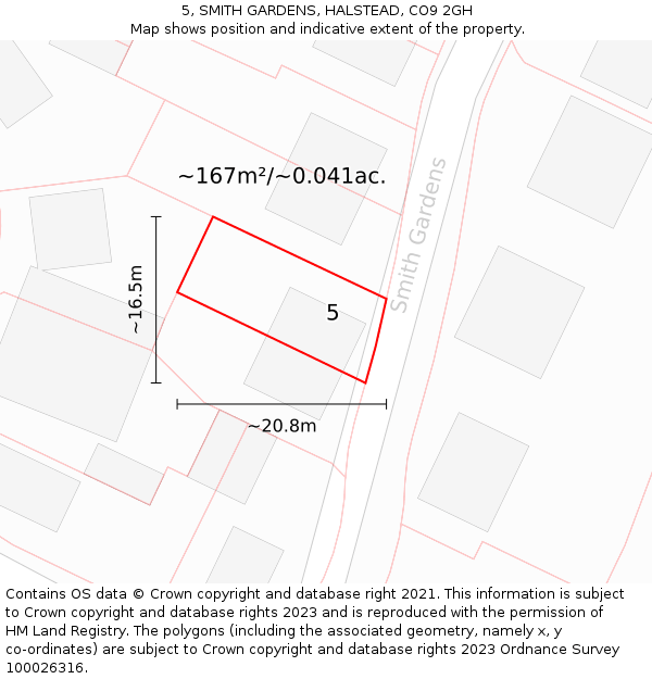 5, SMITH GARDENS, HALSTEAD, CO9 2GH: Plot and title map