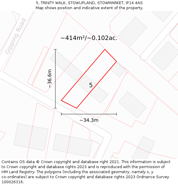 5, TRINITY WALK, STOWUPLAND, STOWMARKET, IP14 4AS: Plot and title map