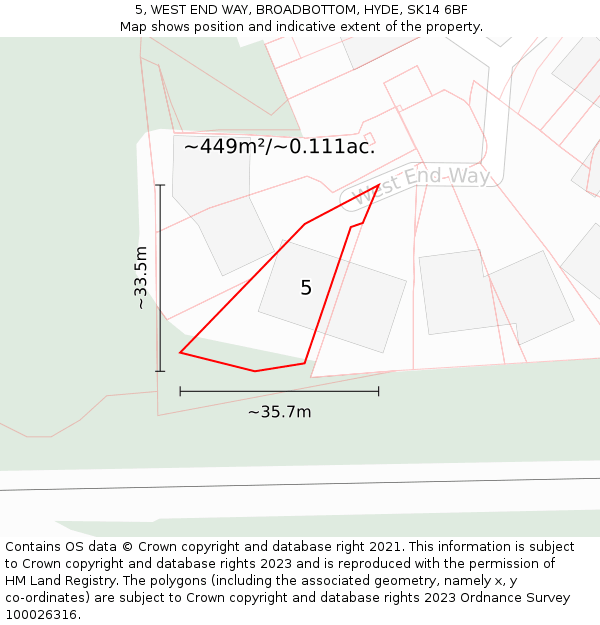 5, WEST END WAY, BROADBOTTOM, HYDE, SK14 6BF: Plot and title map