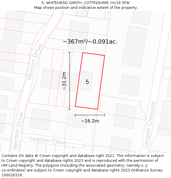 5, WHITEHEAD GARTH, COTTINGHAM, HU16 5FW: Plot and title map