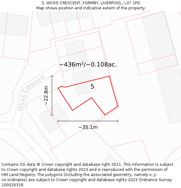 5, WICKS CRESCENT, FORMBY, LIVERPOOL, L37 1PD: Plot and title map