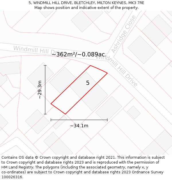 5, WINDMILL HILL DRIVE, BLETCHLEY, MILTON KEYNES, MK3 7RE: Plot and title map