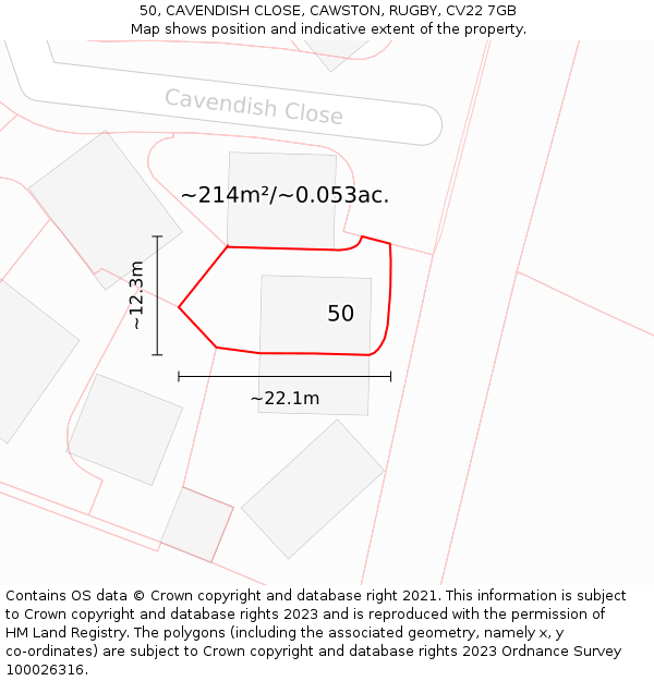 50, CAVENDISH CLOSE, CAWSTON, RUGBY, CV22 7GB: Plot and title map