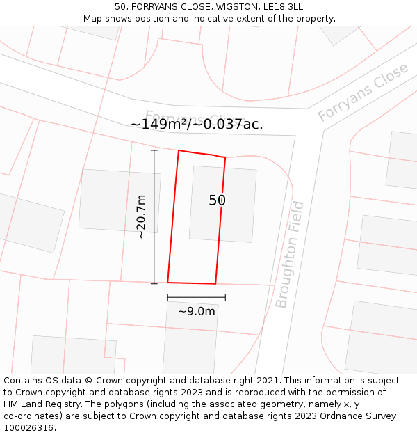 50, FORRYANS CLOSE, WIGSTON, LE18 3LL: Plot and title map