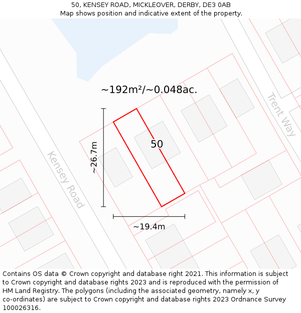 50, KENSEY ROAD, MICKLEOVER, DERBY, DE3 0AB: Plot and title map