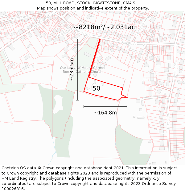50, MILL ROAD, STOCK, INGATESTONE, CM4 9LL: Plot and title map