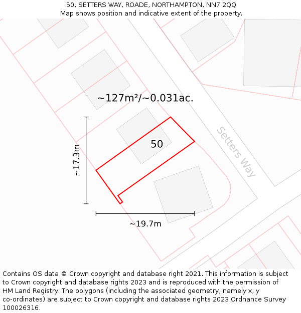 50, SETTERS WAY, ROADE, NORTHAMPTON, NN7 2QQ: Plot and title map