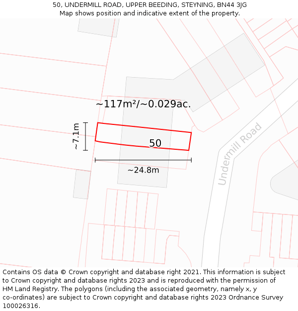50, UNDERMILL ROAD, UPPER BEEDING, STEYNING, BN44 3JG: Plot and title map