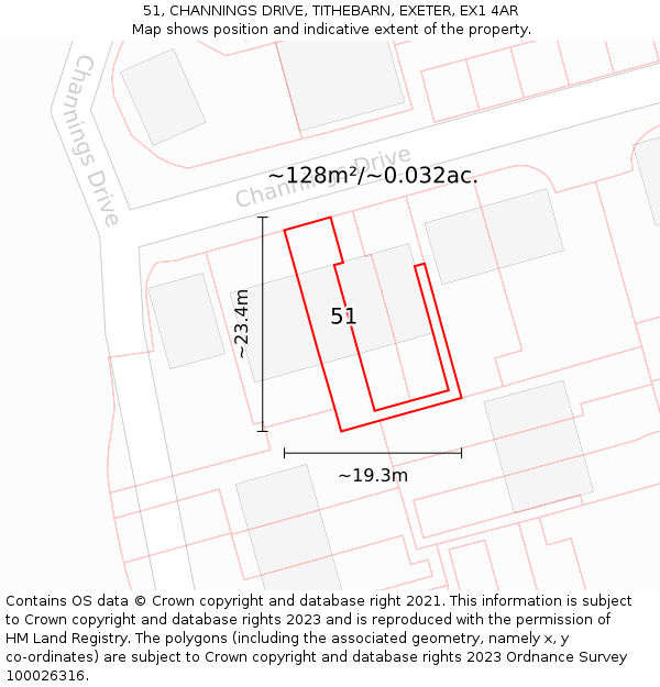 51, CHANNINGS DRIVE, TITHEBARN, EXETER, EX1 4AR: Plot and title map