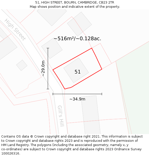 51, HIGH STREET, BOURN, CAMBRIDGE, CB23 2TR: Plot and title map