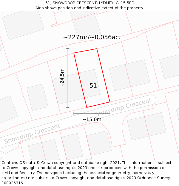 51, SNOWDROP CRESCENT, LYDNEY, GL15 5RD: Plot and title map