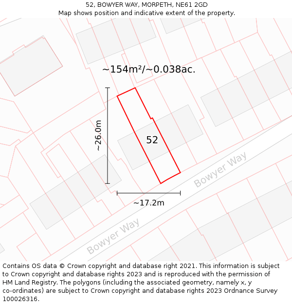 52, BOWYER WAY, MORPETH, NE61 2GD: Plot and title map