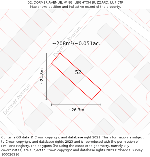 52, DORMER AVENUE, WING, LEIGHTON BUZZARD, LU7 0TF: Plot and title map