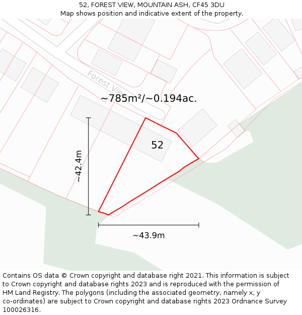 52, FOREST VIEW, MOUNTAIN ASH, CF45 3DU: Plot and title map