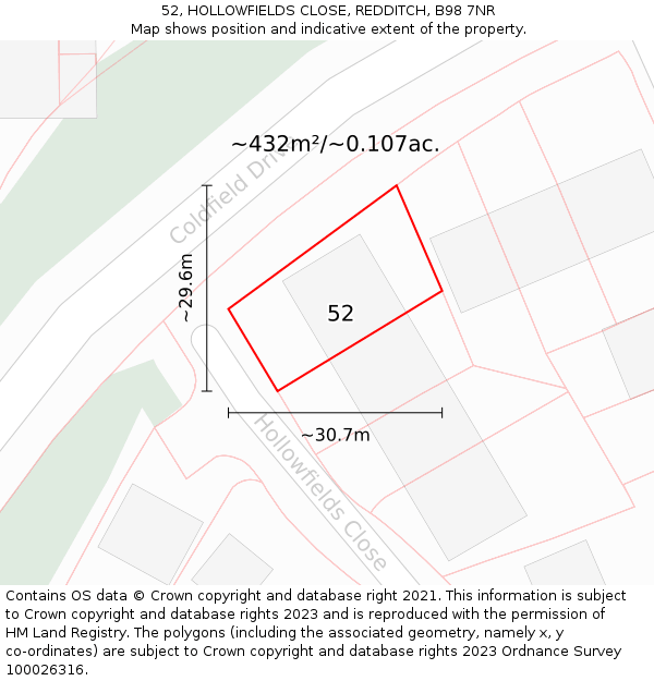 52, HOLLOWFIELDS CLOSE, REDDITCH, B98 7NR: Plot and title map