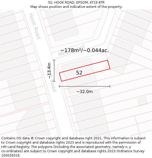 52, HOOK ROAD, EPSOM, KT19 8TR: Plot and title map