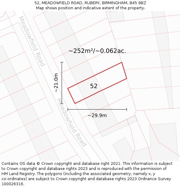 52, MEADOWFIELD ROAD, RUBERY, BIRMINGHAM, B45 9BZ: Plot and title map