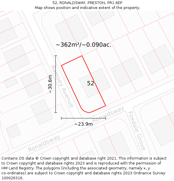 52, RONALDSWAY, PRESTON, PR1 6EP: Plot and title map