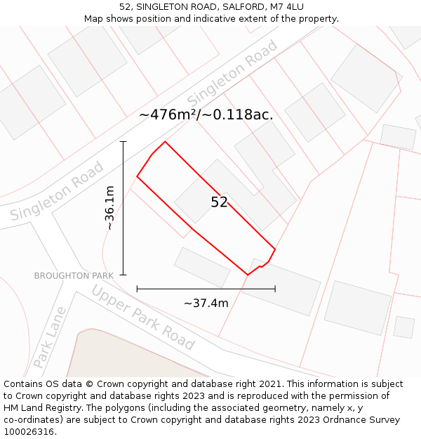 52, SINGLETON ROAD, SALFORD, M7 4LU: Plot and title map
