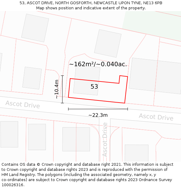 53, ASCOT DRIVE, NORTH GOSFORTH, NEWCASTLE UPON TYNE, NE13 6PB: Plot and title map