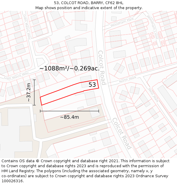 53, COLCOT ROAD, BARRY, CF62 8HL: Plot and title map