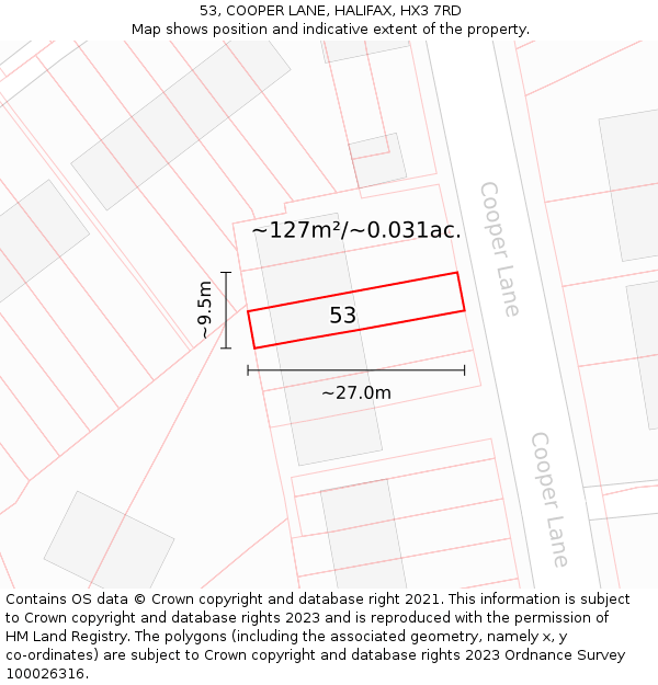 53, COOPER LANE, HALIFAX, HX3 7RD: Plot and title map